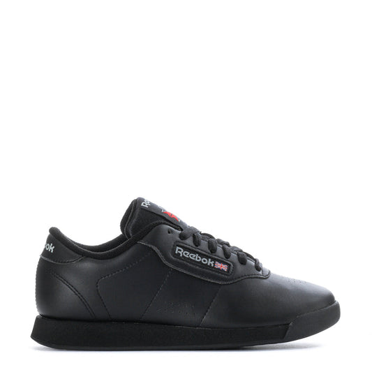 Black Reebok Princess Wide women's lace-up sneakers, side view with logo patch