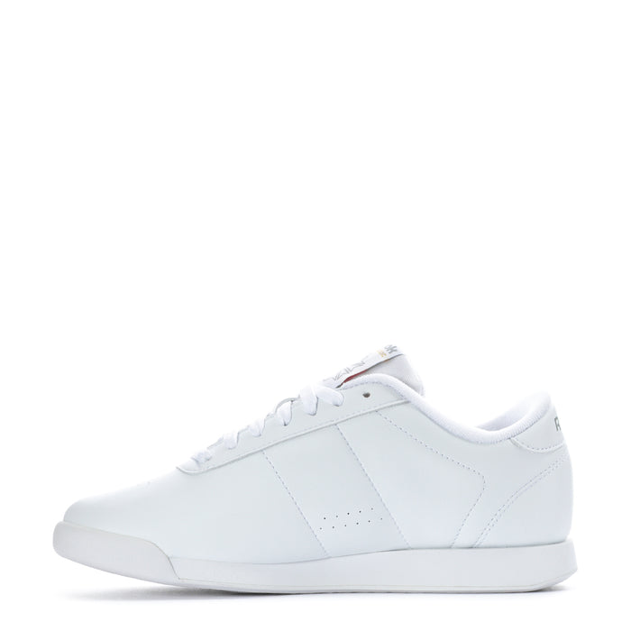 Women's white wide sneakers, angled side view with lace-up closure