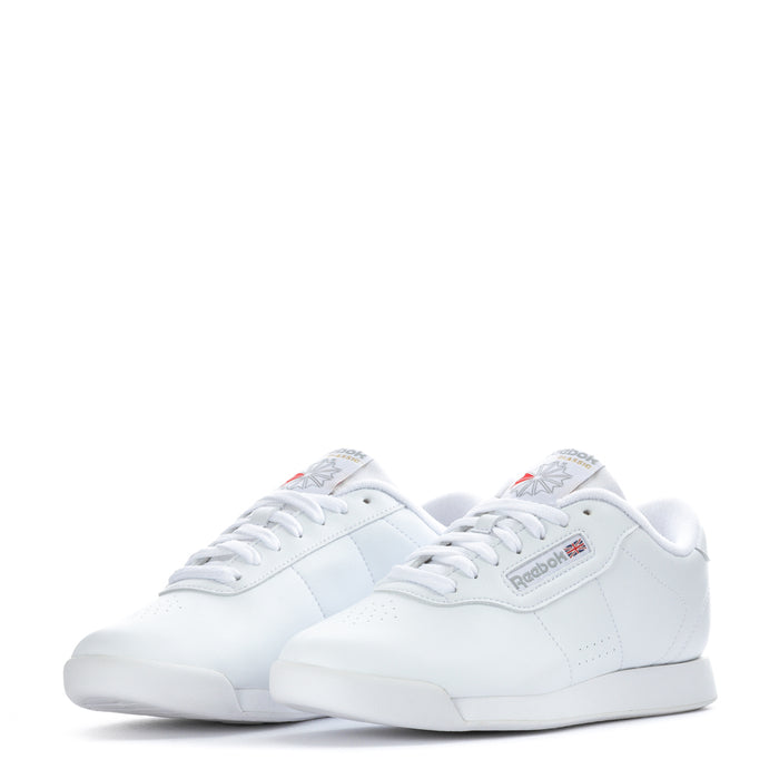 Women's white wide sneakers, pair close-up with laces and side panel