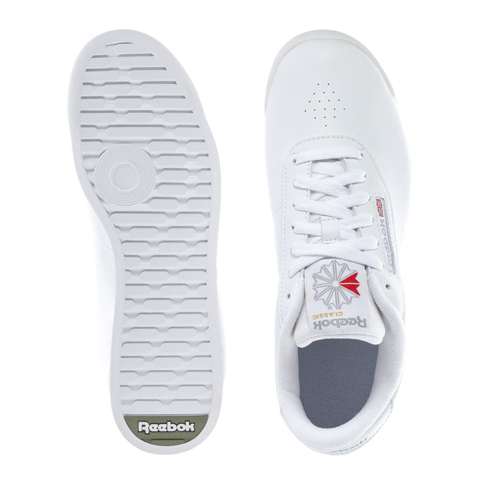 Women's white wide sneakers, outsole and heel view with Reebok logo