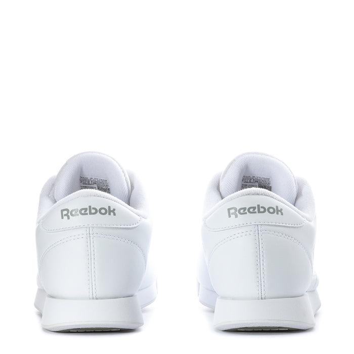 Women's white wide sneakers, heel back view with Reebok branding