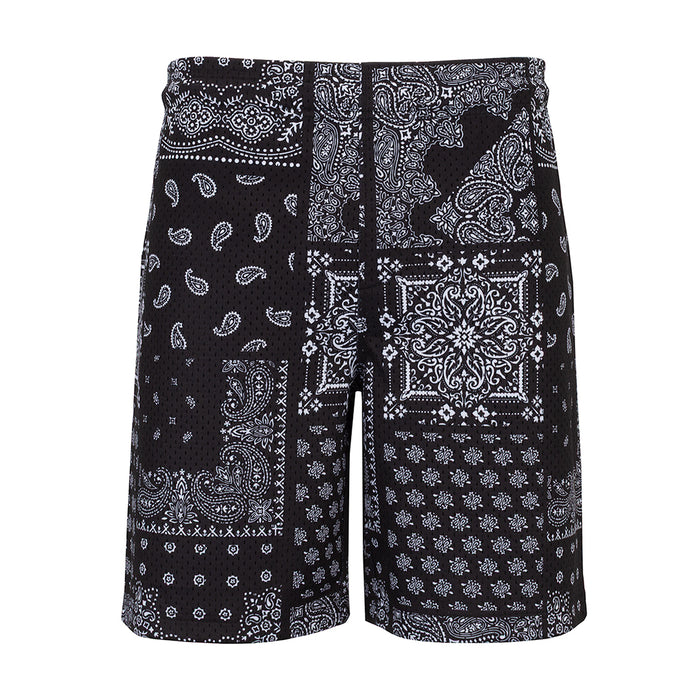 Men's black mesh shorts with paisley patchwork all-over print and elastic waist