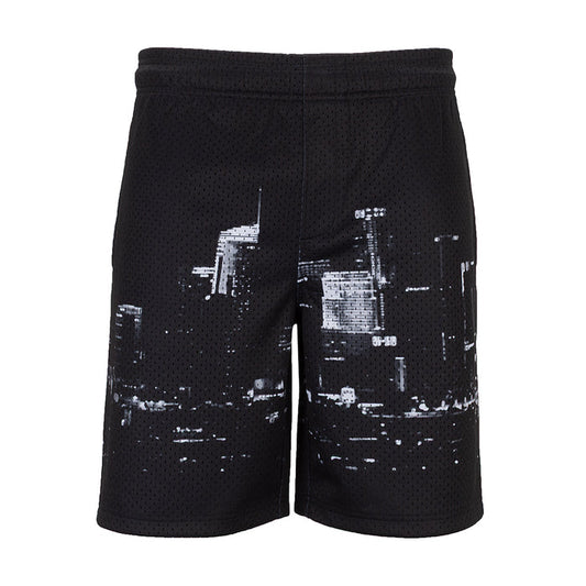 Men's black mesh basketball shorts with white skyline print and elastic waistband