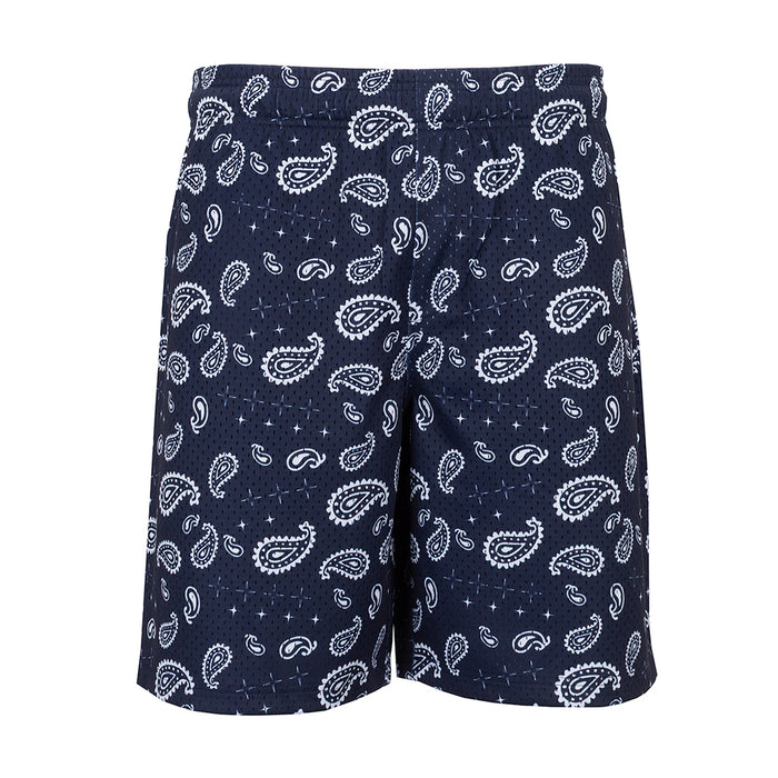 Men's navy and white printed paisley shorts with straight hem and elastic waistband
