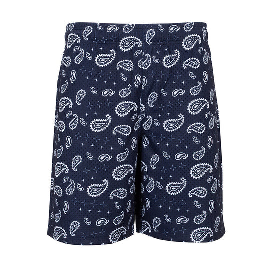 Men's navy and white printed paisley shorts with straight hem and elastic waistband