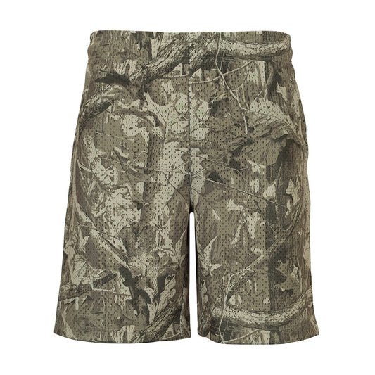 Men's printed tree camo shorts with elastic waistband and straight hem
