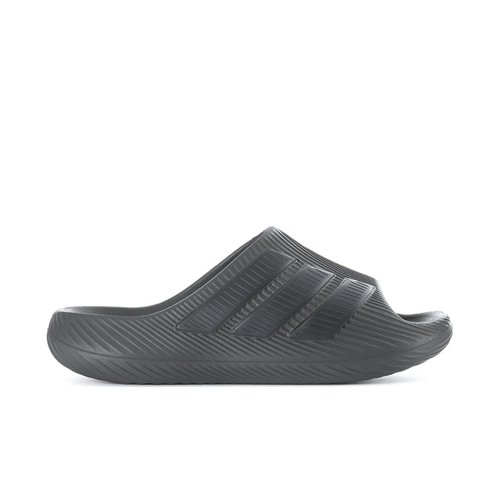 Men's grey slide sandal with ridged straps and cushioned footbed