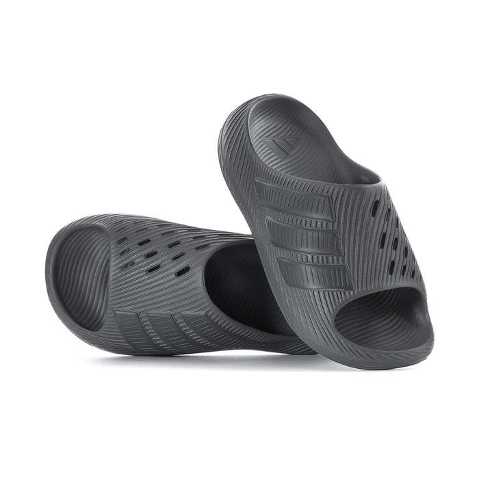 Grey slide sandals with open toe, contoured footbed, and vented upper