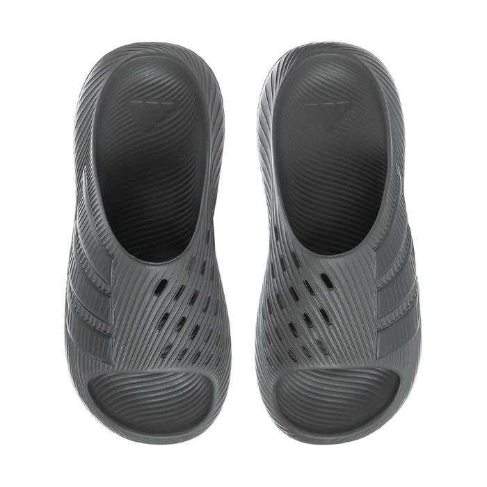 Pair of grey slide sandals with open toe and perforated side panels