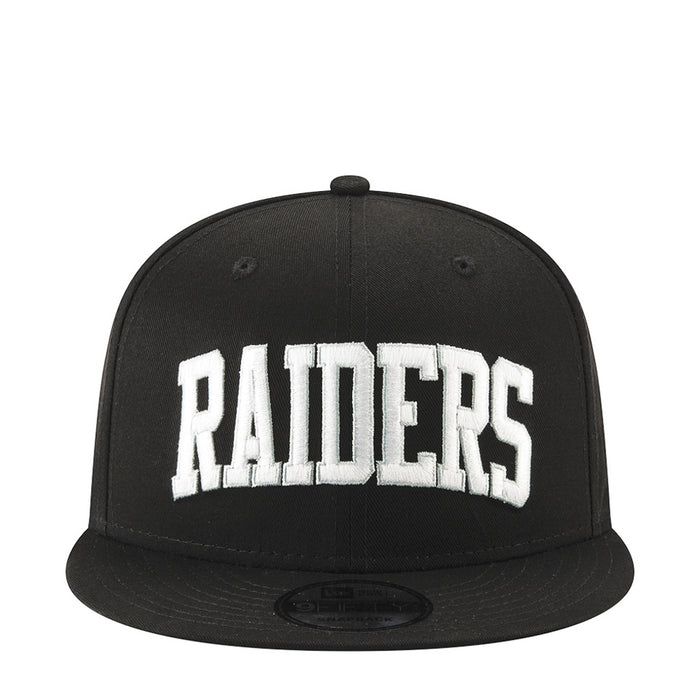 Black baseball cap with white Raiders script on the front panel