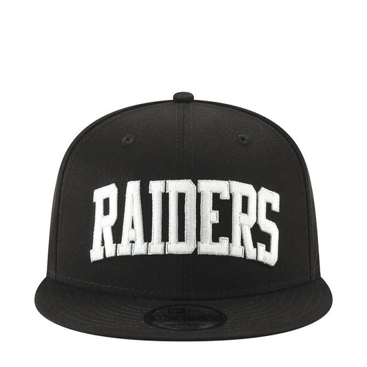 Black baseball cap with white Raiders script on the front panel