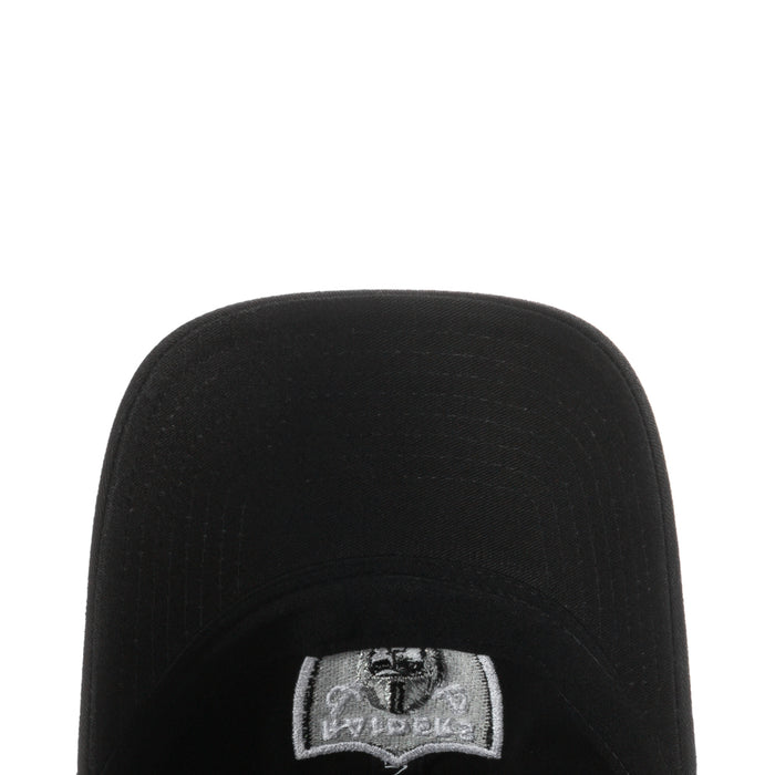 Black Raiders baseball cap close-up with white and gray front logo patch