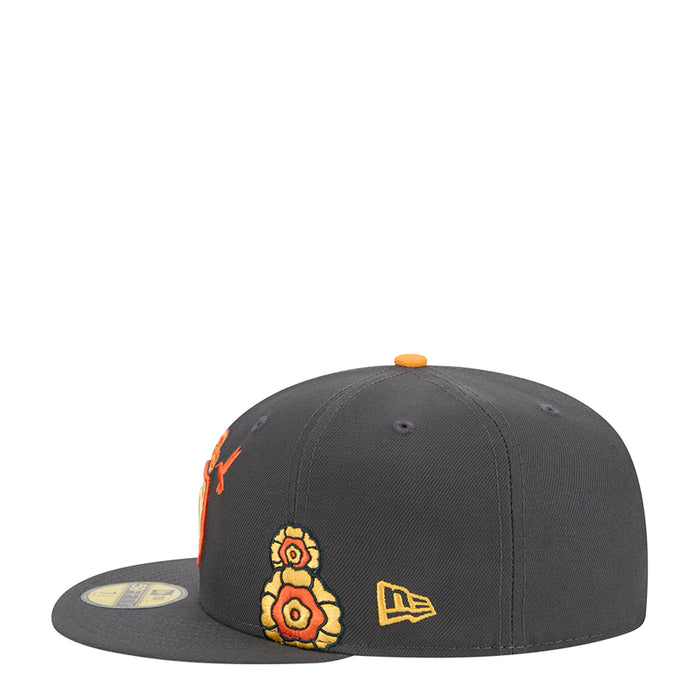 Dark grey baseball cap with marigold applique and New Era side flag, orange bird accents