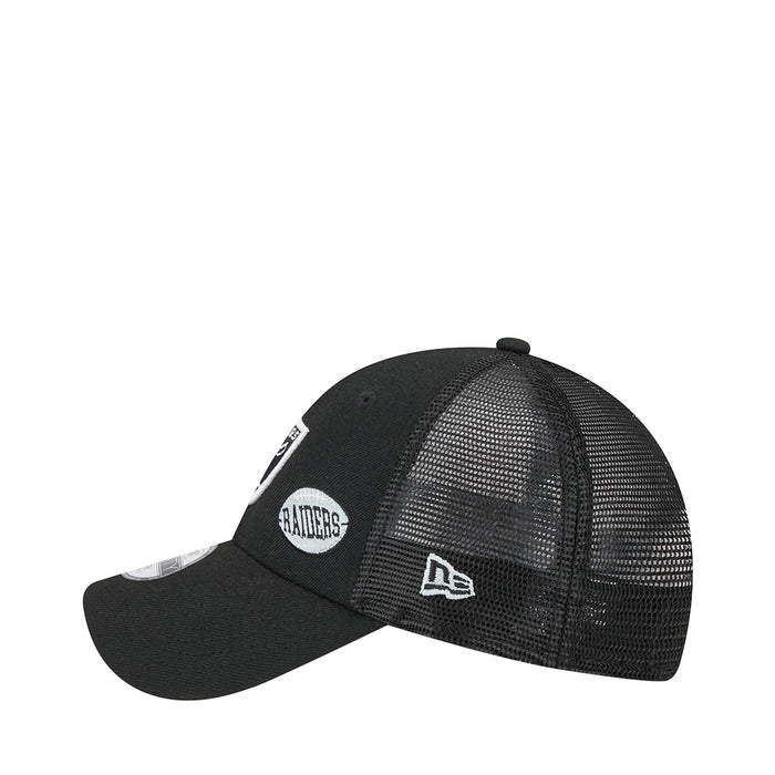 Kids black mesh trucker cap with front Raiders logo patch and flag logo