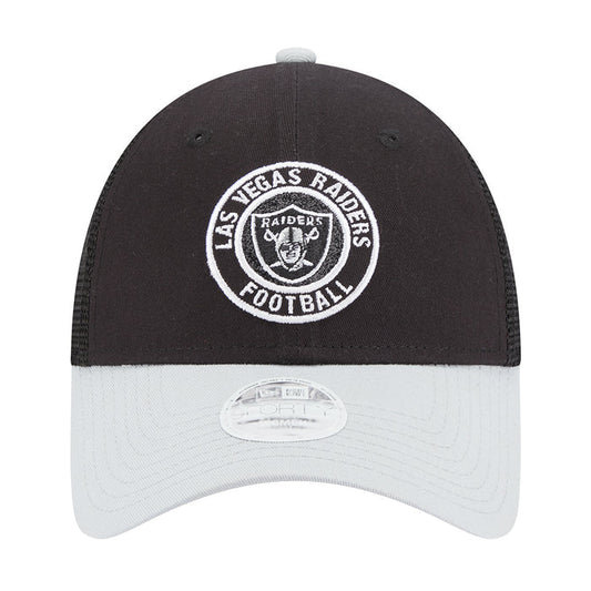 Black and gray Raiders glitter trucker cap with front circular team logo badge