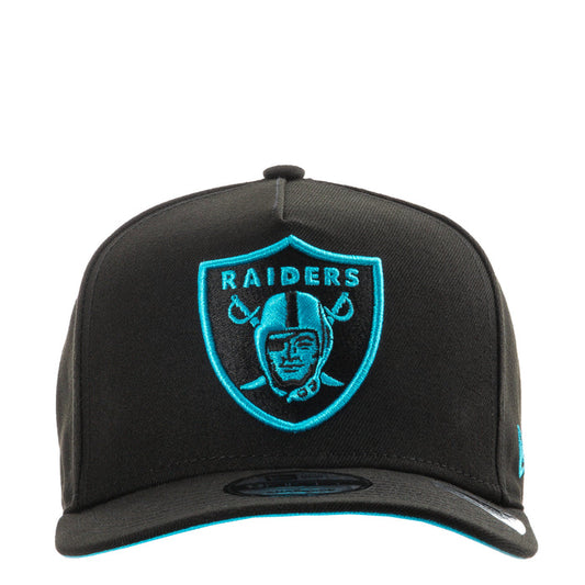 Black A-Frame baseball cap with Raiders shield logo in bright Vice Blue on front