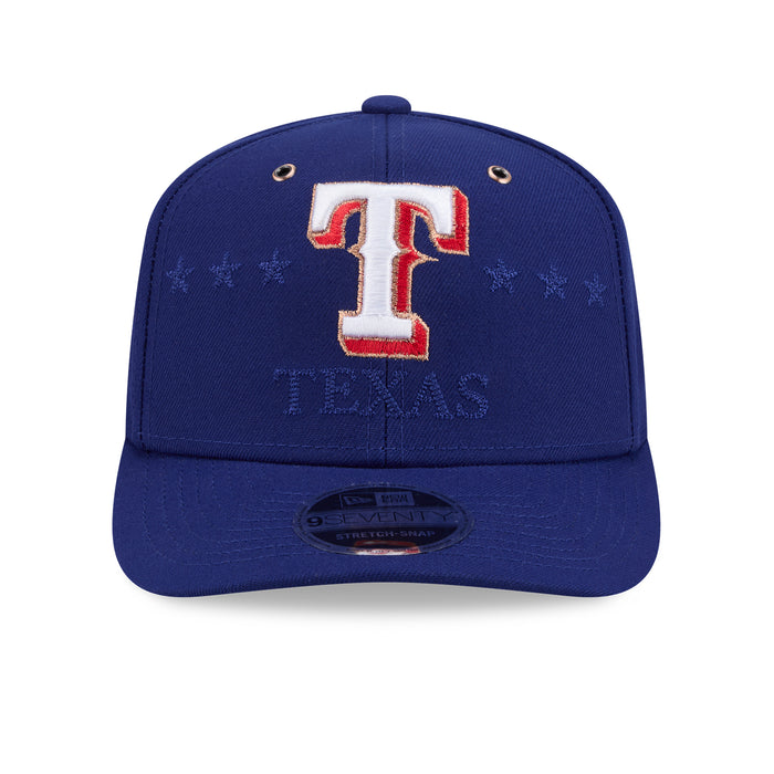 Blue baseball cap with Texas T logo, star pattern, adjustable snap back