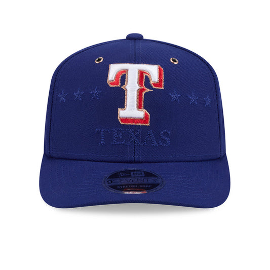Blue baseball cap with Texas T logo, star pattern, adjustable snap back
