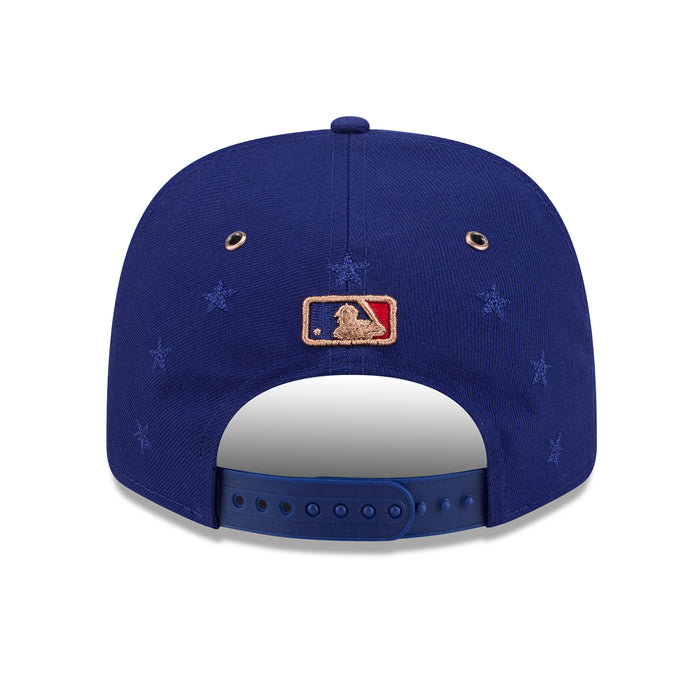 Blue baseball cap with MLB logo patch on back, star pattern, snapback