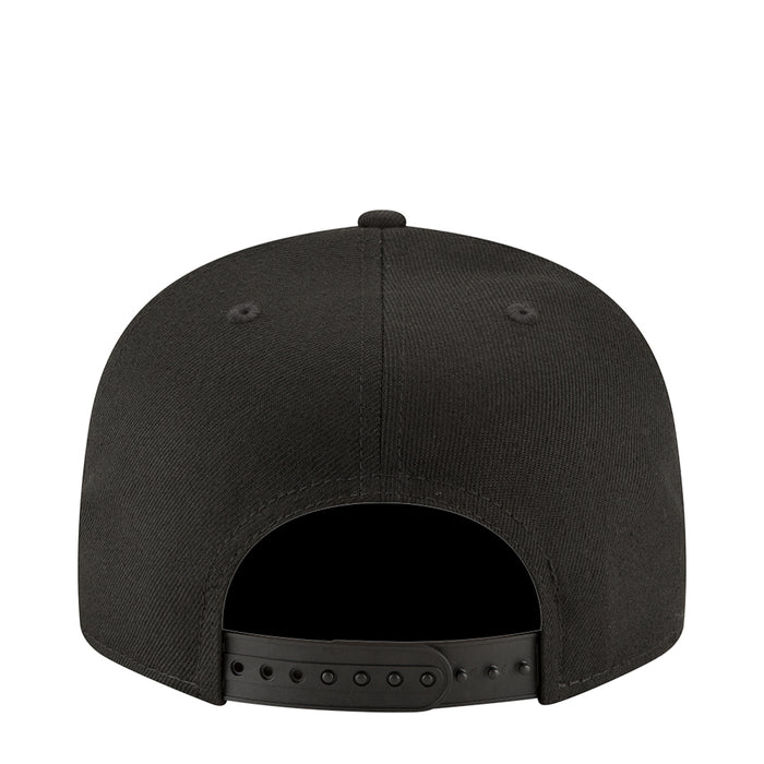 Black baseball cap back view with adjustable strap and ventilation eyelets