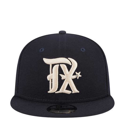 Navy junior baseball cap with large embroidered Rangers-style logo on front panel