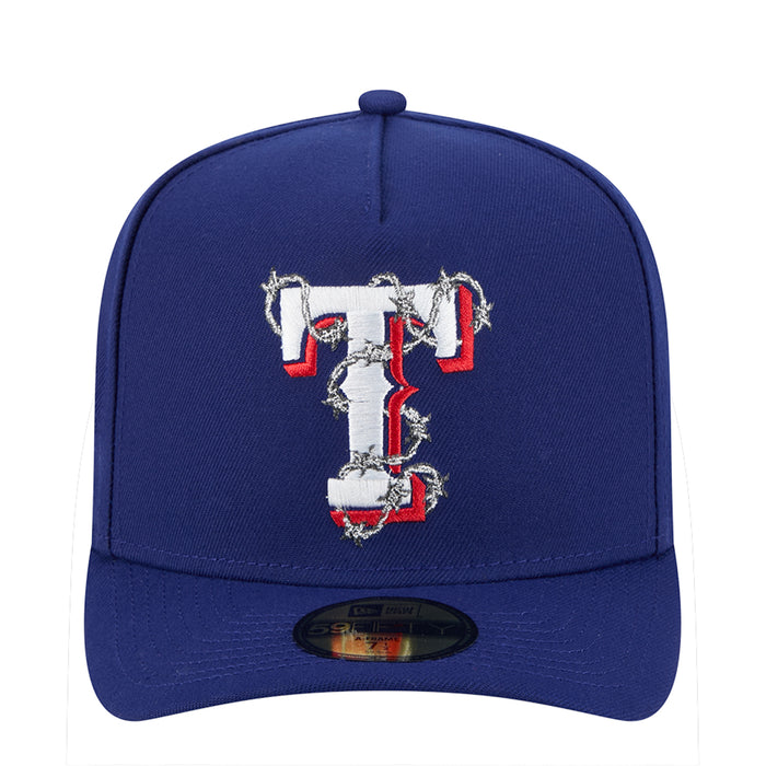 Navy blue baseball cap with embroidered red-and-white logo on the front