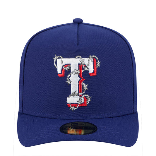 Navy blue baseball cap with embroidered red-and-white logo on the front