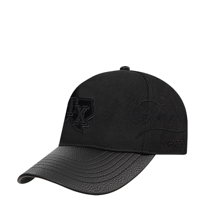 Black low-profile snapback cap with small embroidered logo and cursive mark
