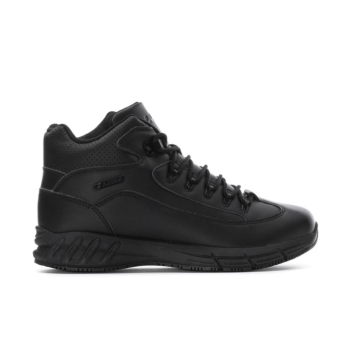 Black mid-top lace-up sneaker with padded ankle and thick sole tread