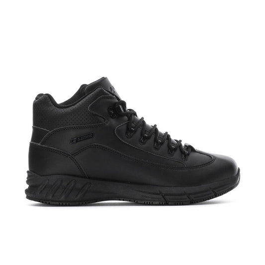 Black mid-top lace-up sneaker with padded ankle and thick sole tread