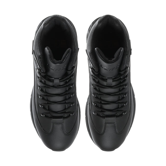 Black mid-top lace-up sneakers with lace eyelets and smooth toe panels