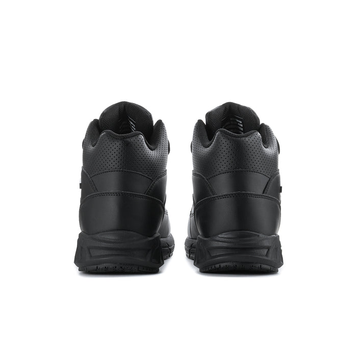 Black mid-top lace-up boots with cushioned collar and chunky tread sole