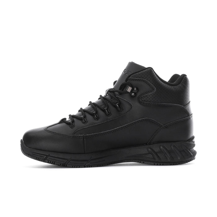 Black mid-top lace-up sneaker with stitched panels and side logo detail