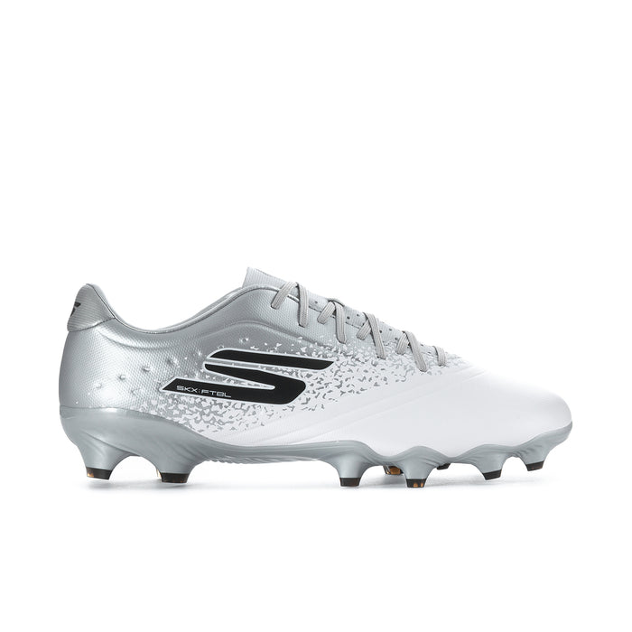 Men's white and silver soccer cleats with Firm Ground (FG) studs, lace-up front