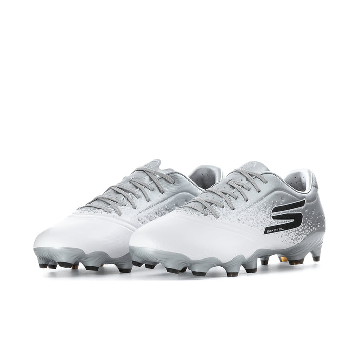 Men's white and silver soccer cleats, lace-up with side logo and FG stud sole