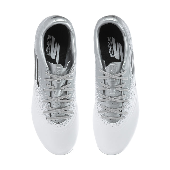Men's white and silver soccer cleats, pair view from above, lace-up design