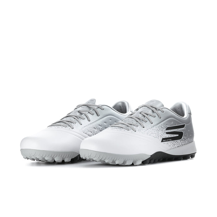 Men's white/silver lace-up soccer cleats with black turf sole, two-tone S logo