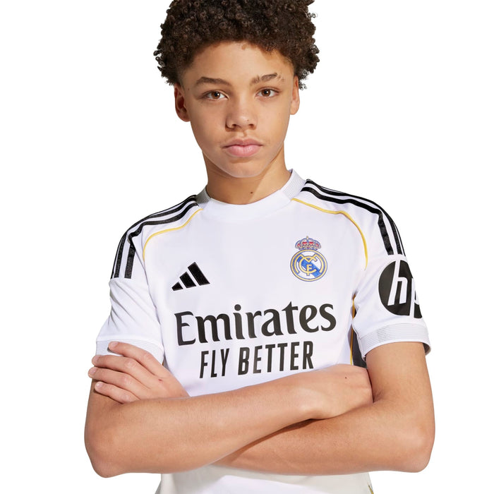 Youth Real Madrid home replica jersey front view, Emirates Fly Better and Adidas logo