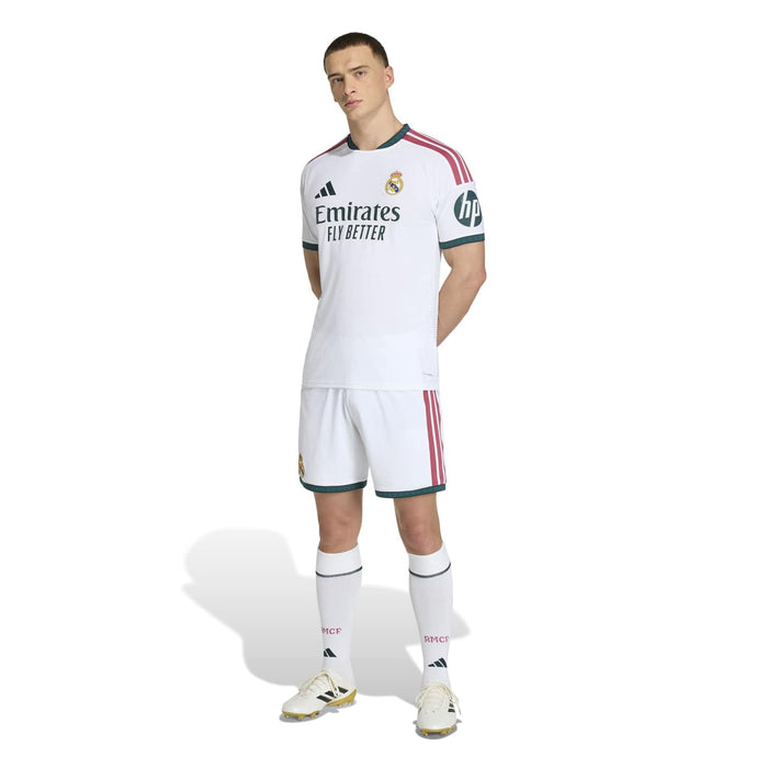 Men’s white Real Madrid home jersey with teal trim, red stripes, and club crest