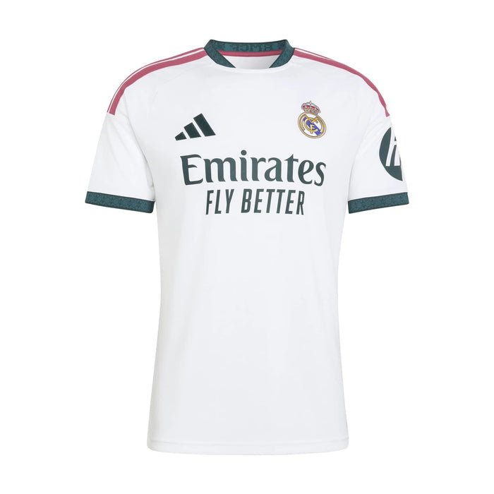 Men's white Real Madrid home replica jersey with green trim, crest, and Emirates sponsor