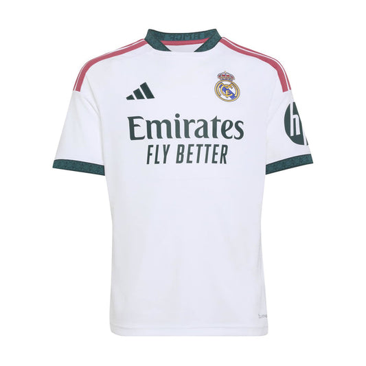 Youth home soccer jersey in white with pink shoulder stripes and teal trim, Real Madrid crest