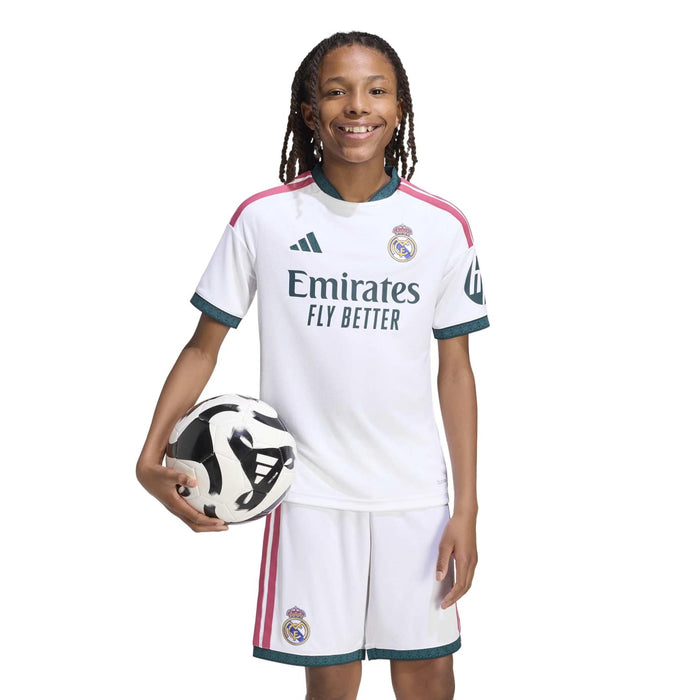 Youth home soccer jersey in white with pink stripes, teal collar trim, Real Madrid crest