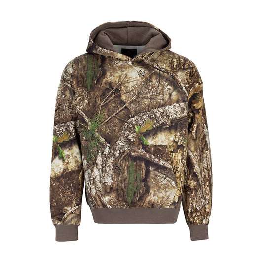 Men's pullover camouflage hoodie with dark hood, kangaroo pocket, and orange trim