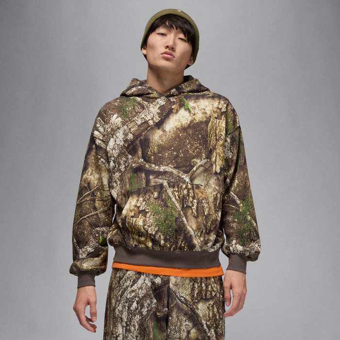 Men's camouflage pullover hoodie with hood and kangaroo pocket, orange hem band