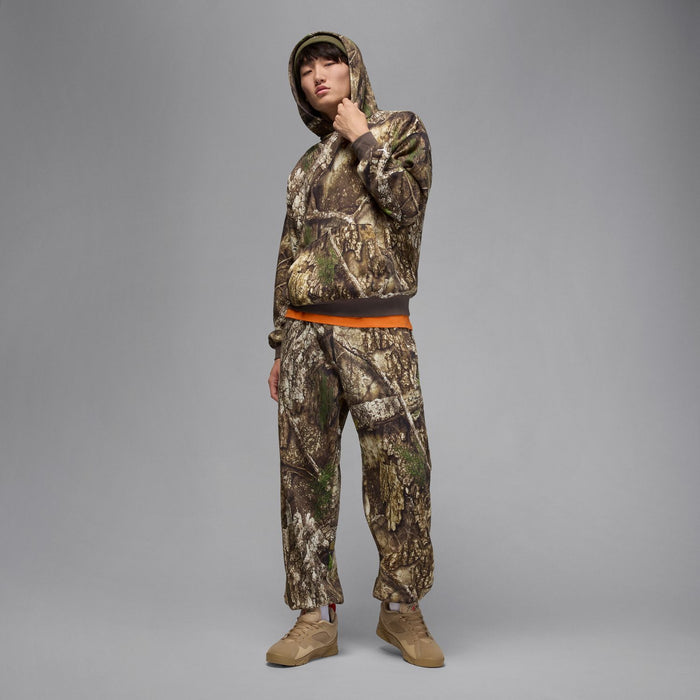 Men's camouflage pullover hoodie with adjustable hood and orange hem band