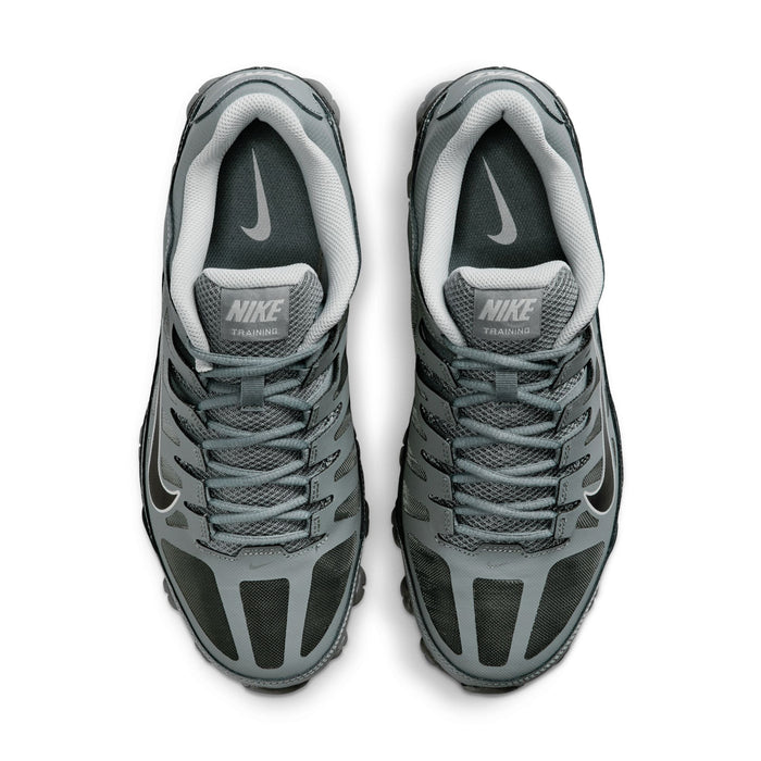 Men's training shoes from the top: smoke grey mesh with black Swoosh and cushioned collar.