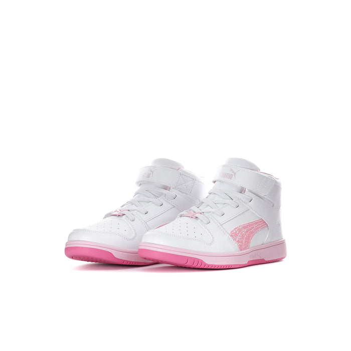 Kids high-top sneakers pair, white leather-look with pink glitter detail and pink sole