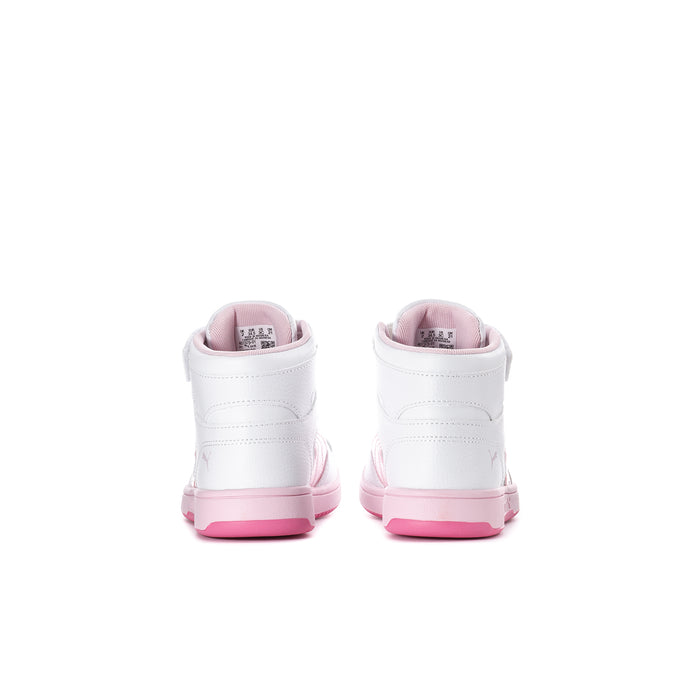 Kids high-top sneakers heels, white with pink pull tabs and pink rubber outsole