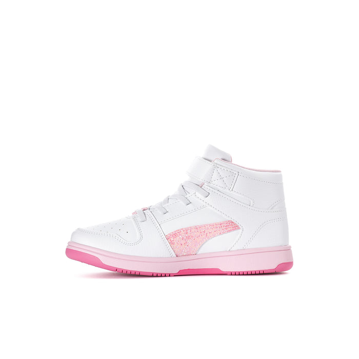 Kids high-top sneakers side view, white upper with pink glitter accent and strap
