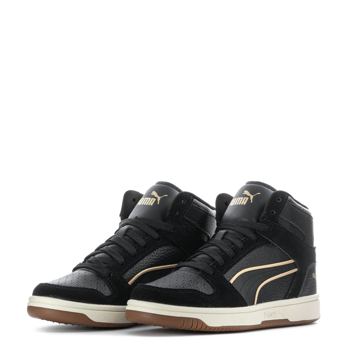Pair of women's black high-top sneakers with gold stripe and gum outsole